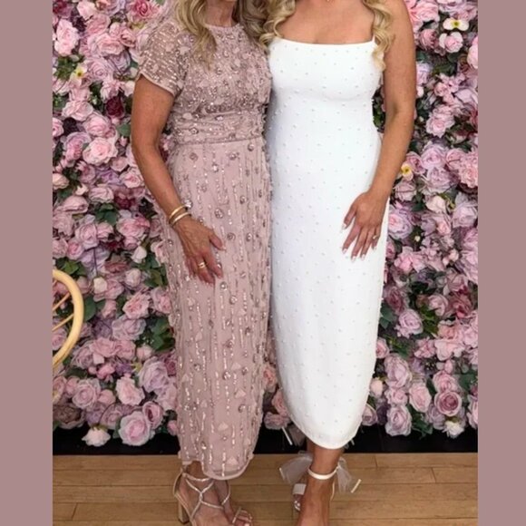 $498 Mac Duggal 94117 Womens Size 20 Light Pink Floral Beaded Column Midi Dress - Picture 5 of 6